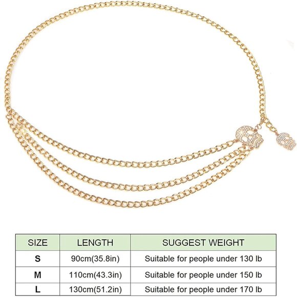 Women's Crystal Gold Skull Multi-layer Metal Waist Chain Dress Belts Metal Belt - Picture 6 of 7